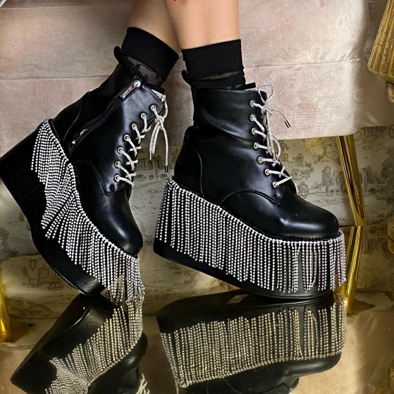 Cute Platform Shiny Tassel Ankle Boots