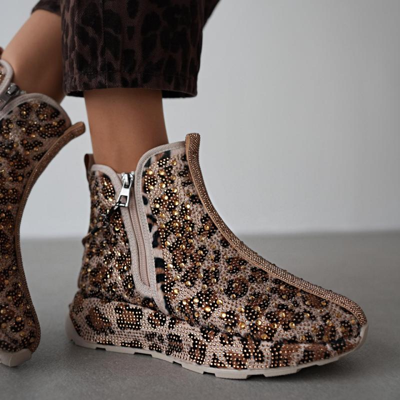 Cute Rhinestone Leopard Print Ankle Boots