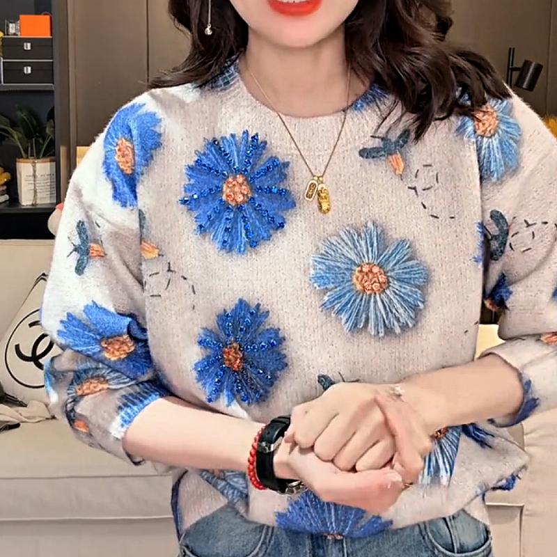 Cute Blue Flower Rhinestone Sweater