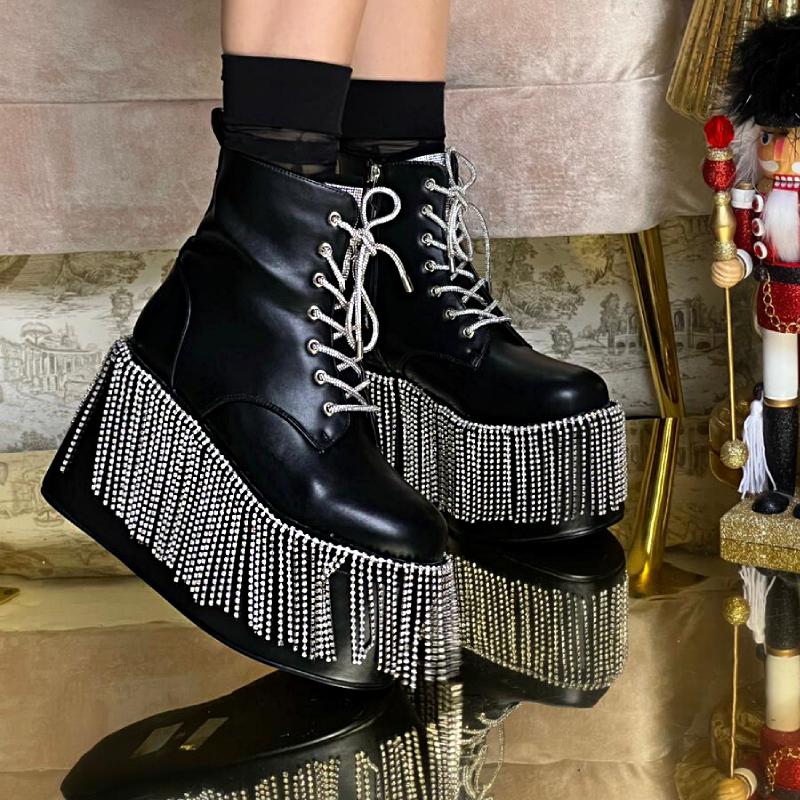 Cute Platform Shiny Tassel Ankle Boots