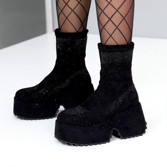 Shiny Black Rhinestone Platform Ankle Boots