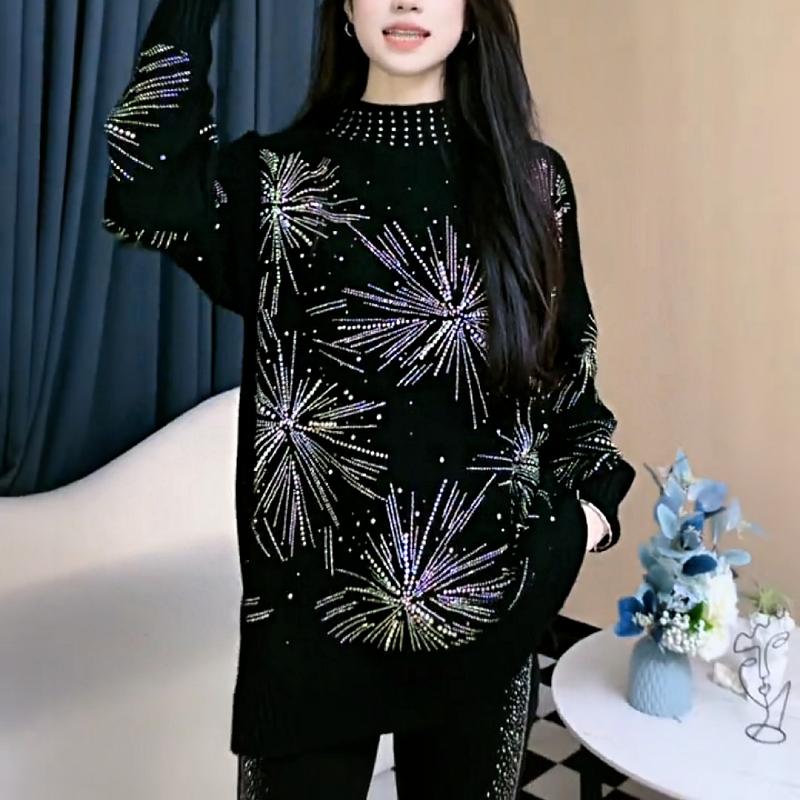 Cute Rhinestone Firework Turtleneck Sweater