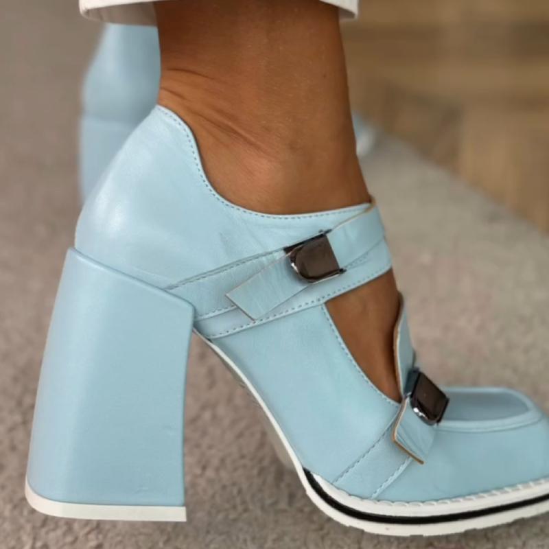 Chic Blue Buckled Block Heels