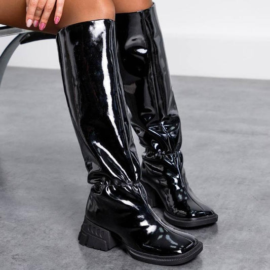 Chic Patent Leather Square Toe High Boots