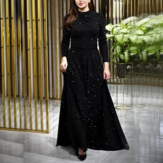 Elegant Rhinestone Black Long-sleeved Maxi Dress