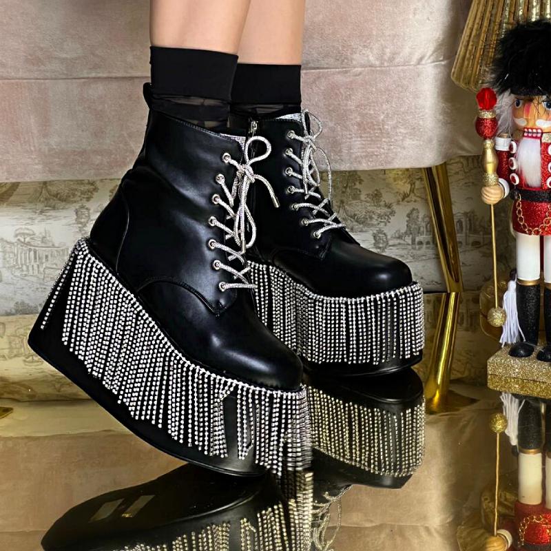 Cute Platform Shiny Tassel Ankle Boots