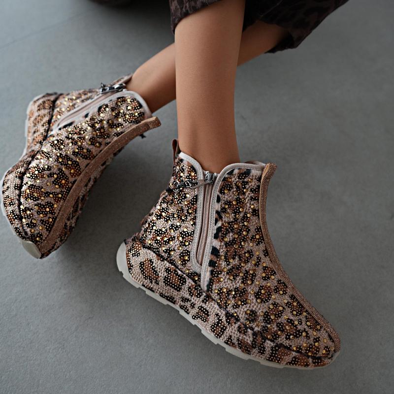 Cute Rhinestone Leopard Print Ankle Boots