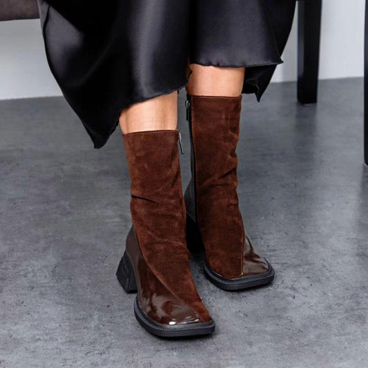 Chic Brown Suede and Patent Leather Square Toe Boots