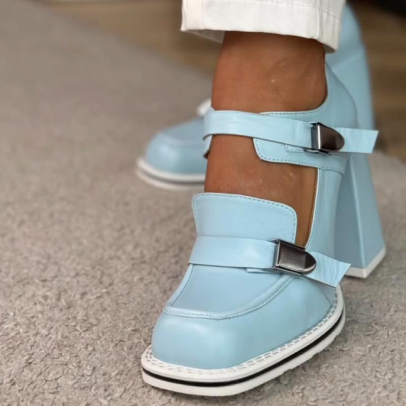 Chic Blue Buckled Block Heels