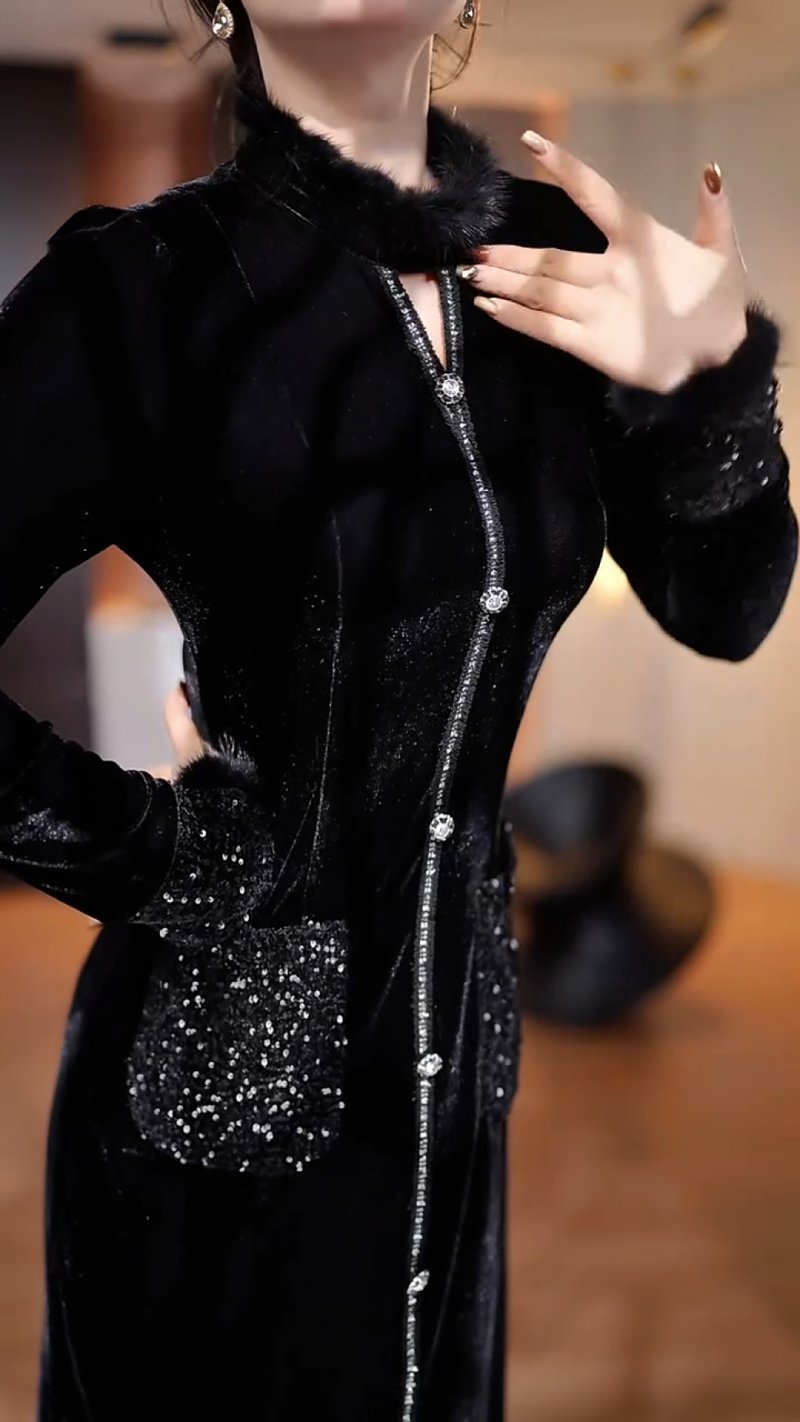 Elegant Sequined Pocket Fur Collar Maxi Dress