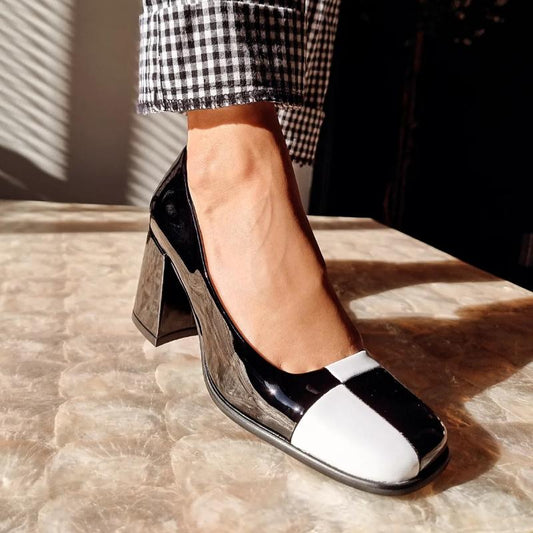 Chic Black and White Block Heel Slip-on Shoes