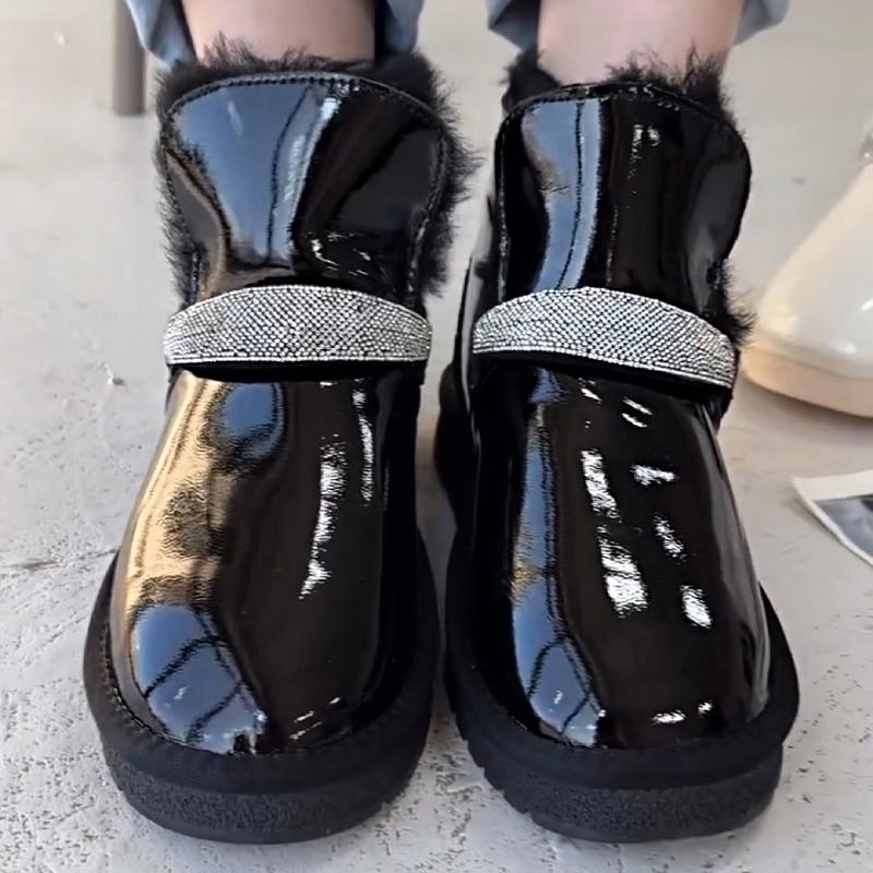 Cute Patent Leather Rhinestone Snow Boots