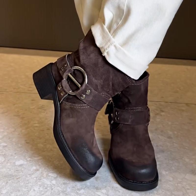 Stylish Leather Buckle Round Toe Boots