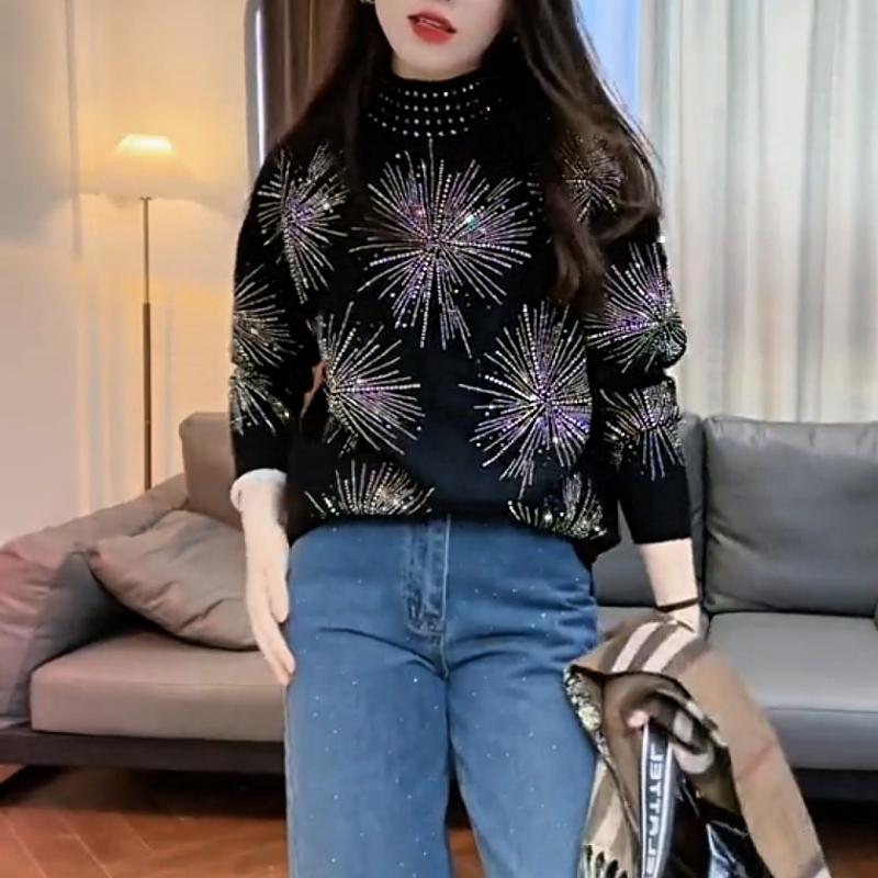 Cute Rhinestone Firework Turtleneck Sweater