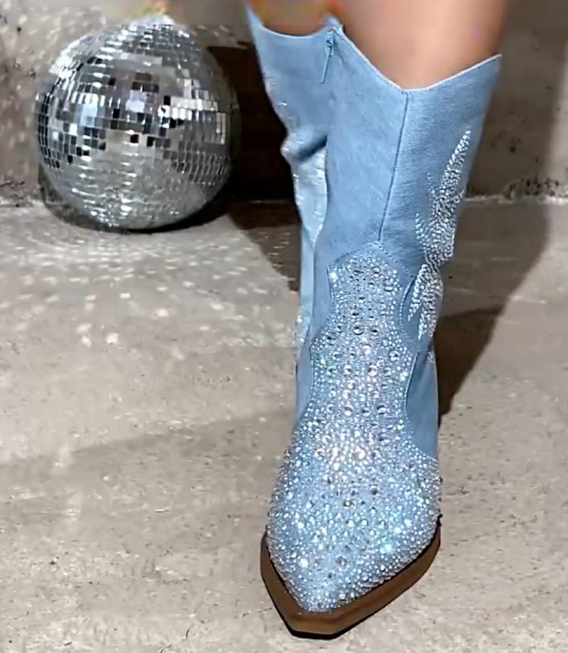 Eye-catching Rhinestone Suede Block Heel Boots