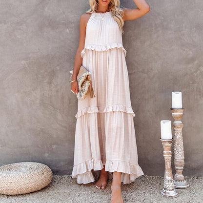Vestido largo de resort sin mangas con bordes con flecos