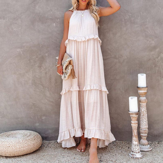 Sleeveless Long Resort Dress with Fringed Edges