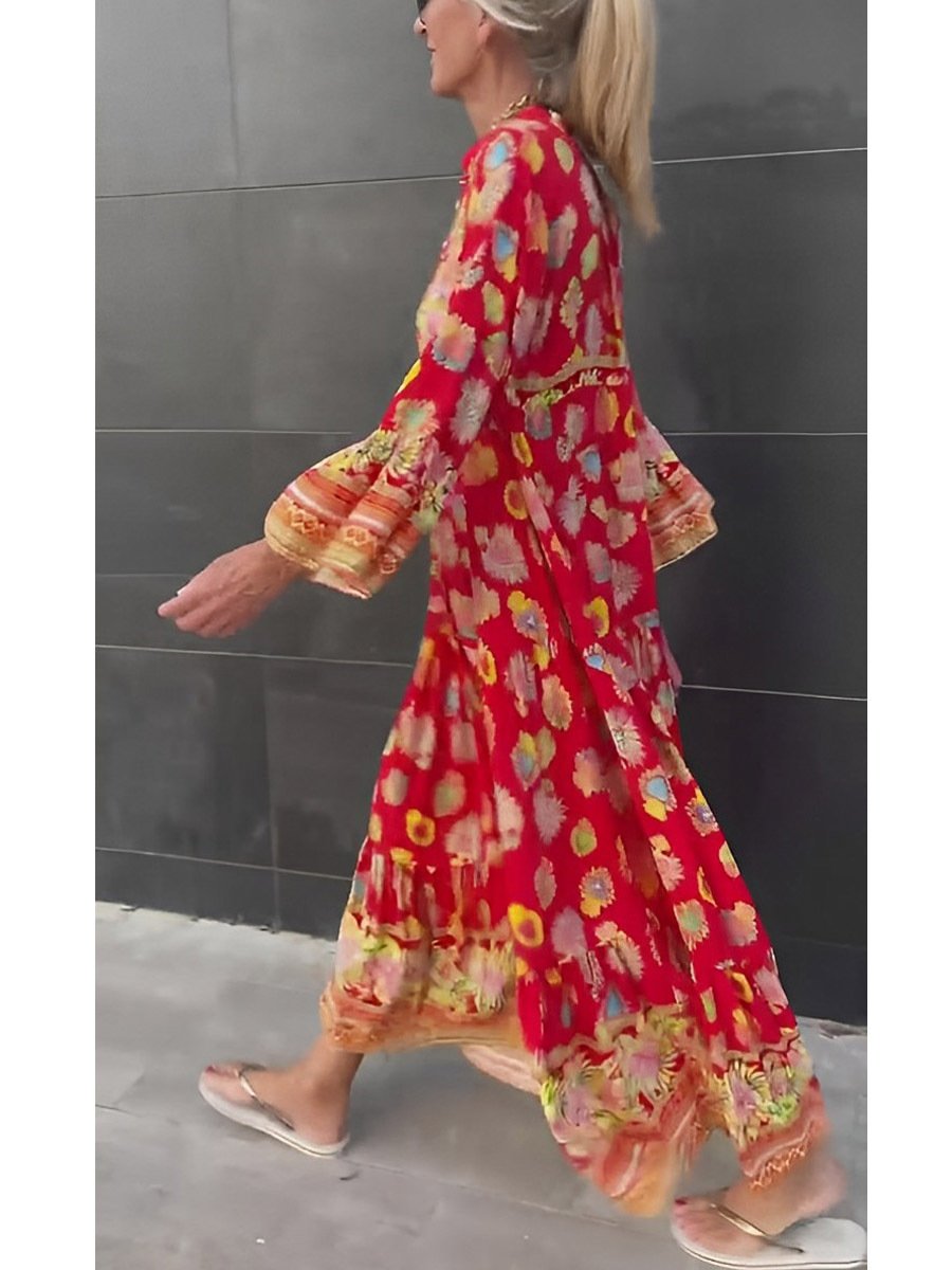 Red Positioning Print Maxi Dress