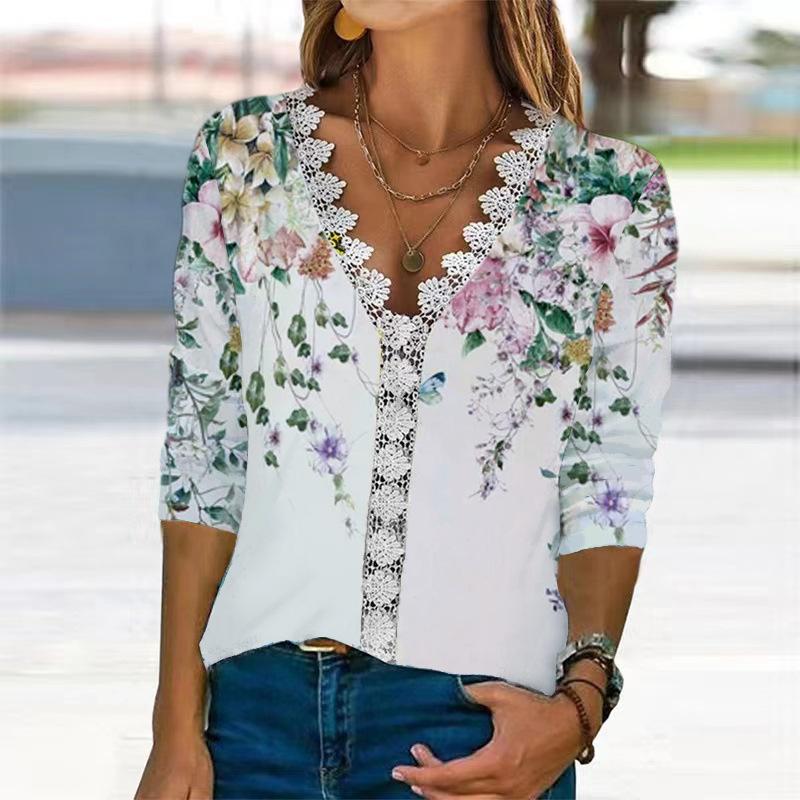 Loose Lace V Neck Long Sleeve Top