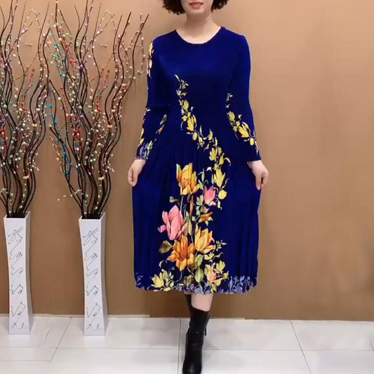 Cute Printed Pleated Long Sleeve Midi Dress