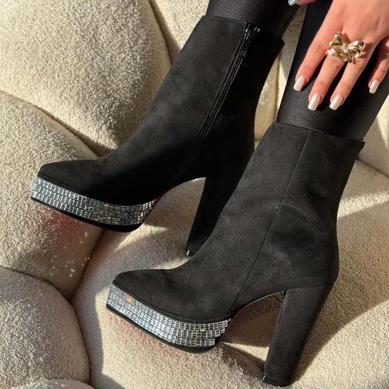 Rhinestone Sparkle Sexy Platform High Heel Side Zip Ankle Boots