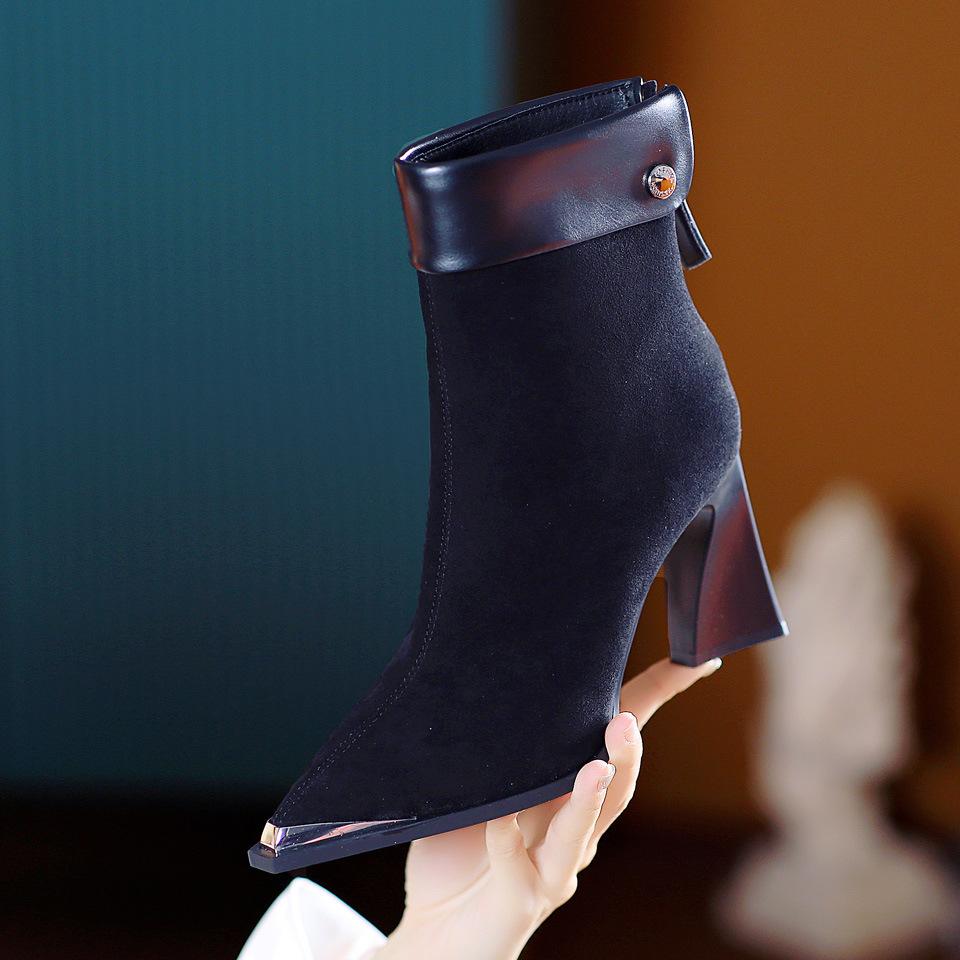 Chic Metal Toe Triangle Heel Ankle Boots