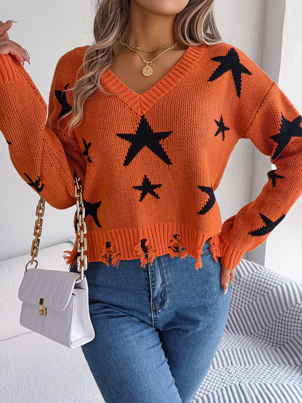 Casual V-neck Star Cut Halloween Sweater