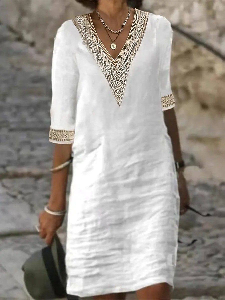 V-neck Mid-sleeve Cotton-linen Casual Dress