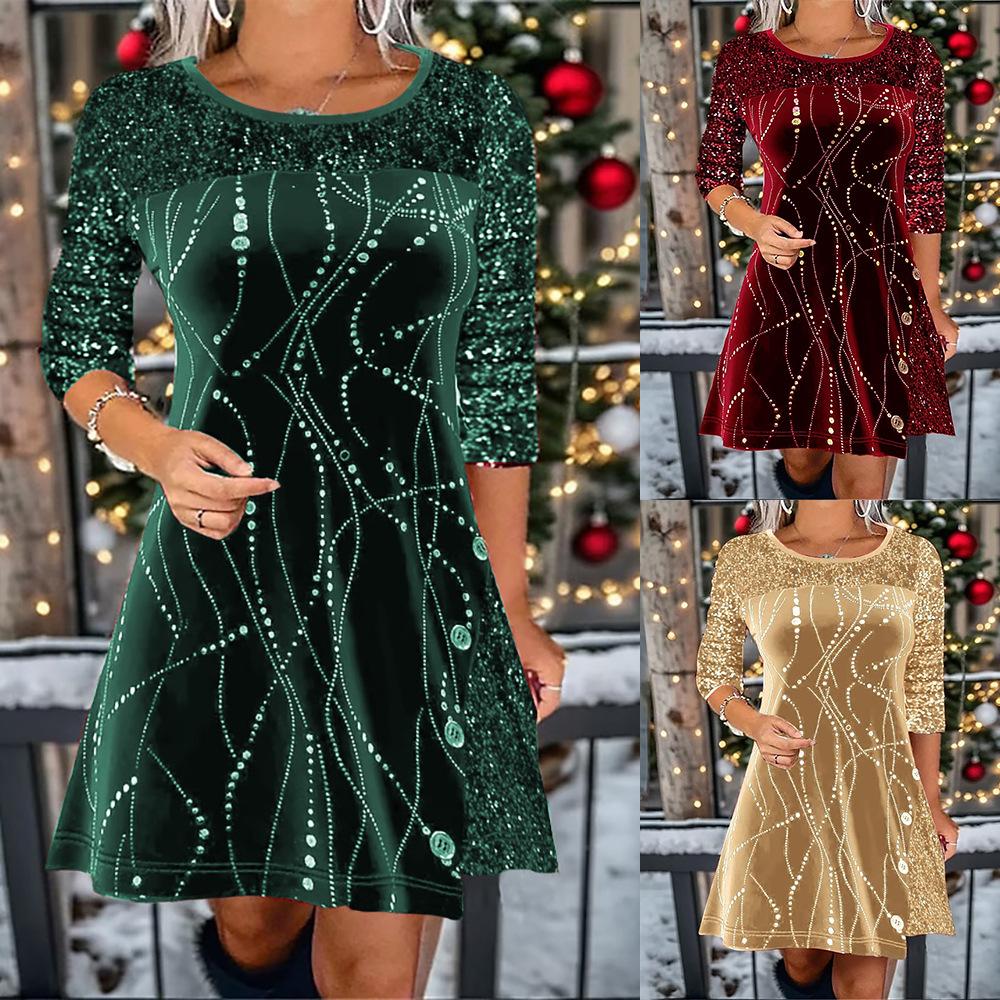 Cute Round Neck Long Sleeve Sequined Patchwork Dress