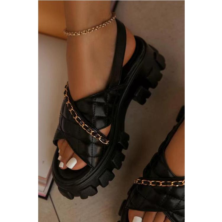 Chain Embellished Cross Diamond Check Sandals