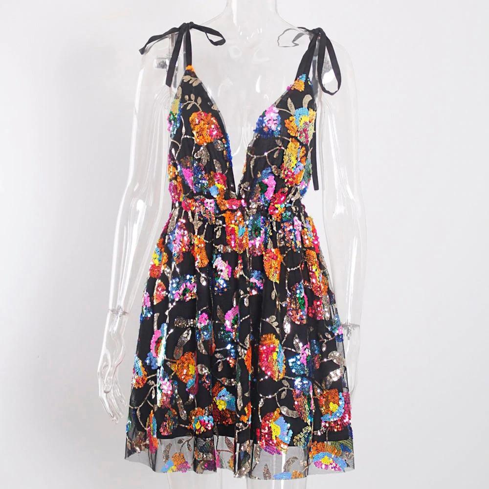 Deep V Backless Sequin Floral Tie-up Women's Mini Dress