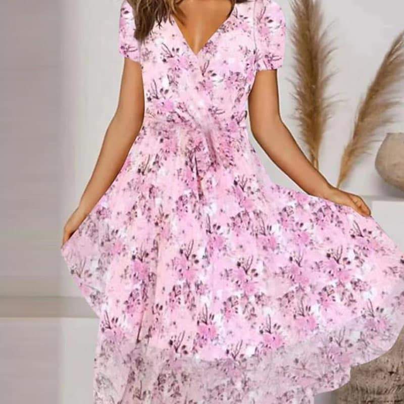 Short Sleeve Floral Print Midi Dress