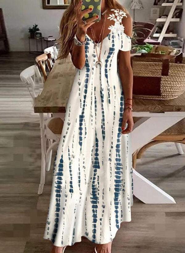 Cold Shoulder Lace Blue Scale Print Maxi Dress