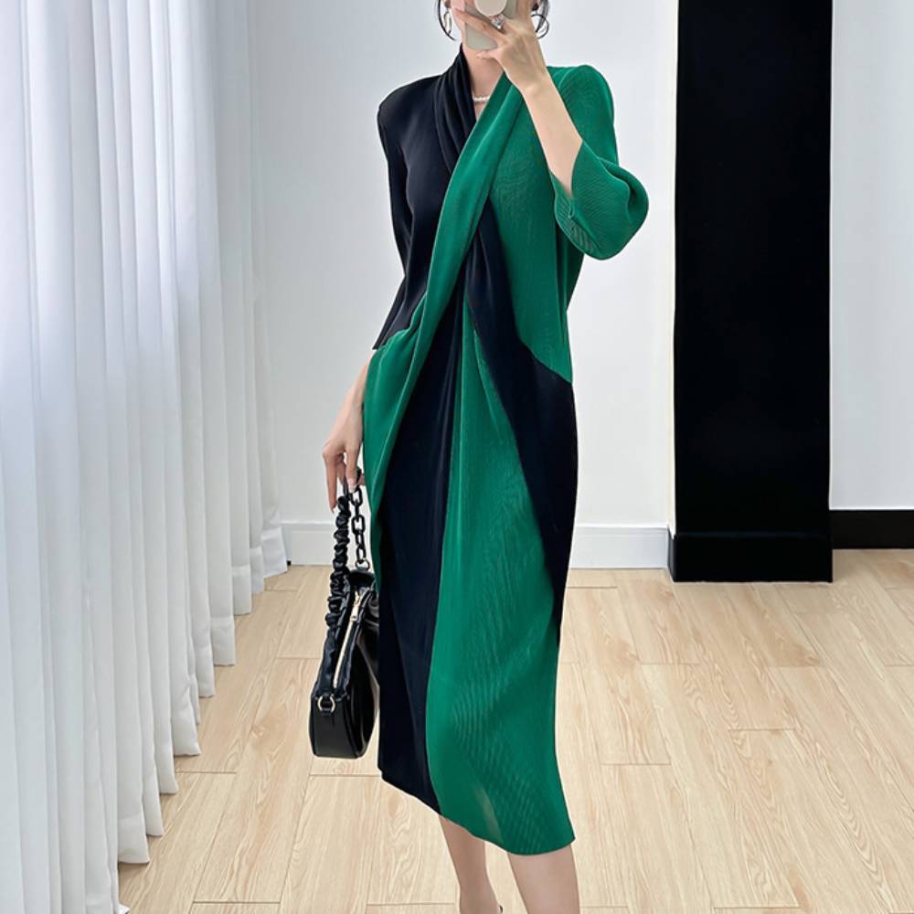 New Color Matching Wrinkled Temperament Midi Dress