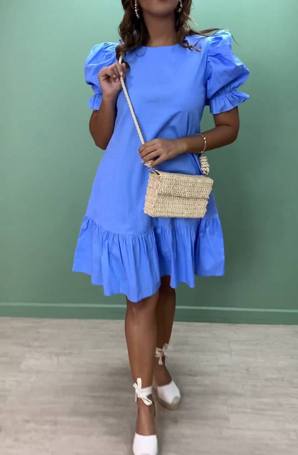 Solid Color Puff Sleeves with Pockets Midi Dress