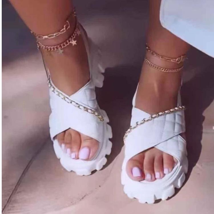 Chain Embellished Cross Diamond Check Sandals