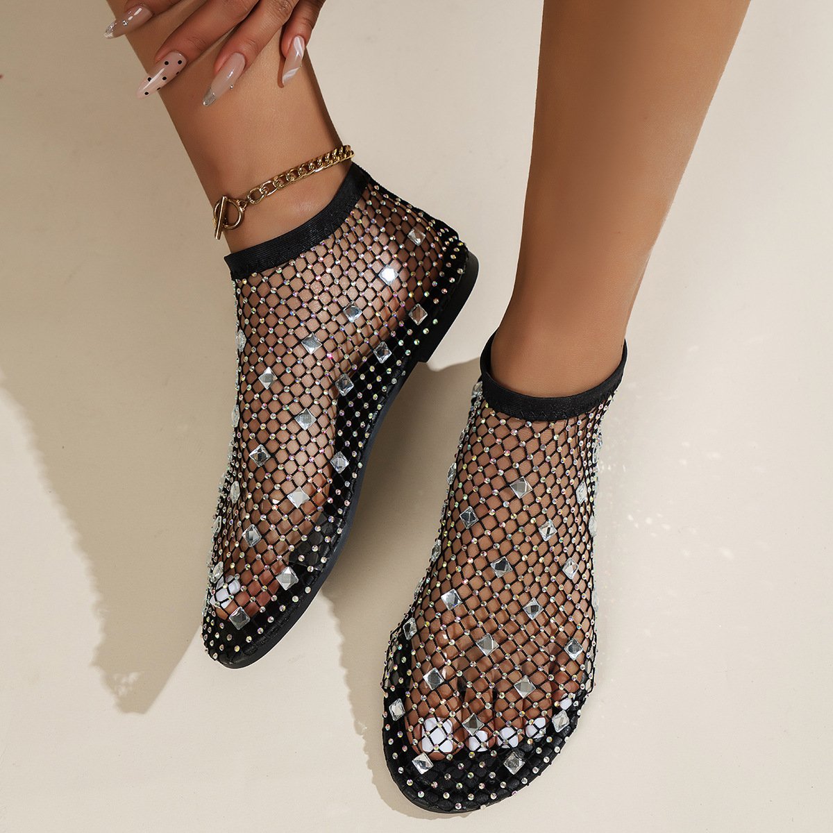 Stylish Large Rhinestone Mesh Sandals