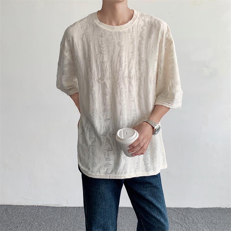 Short-sleeved Ripped Ice Silk Round Neck Half Sleeve Top