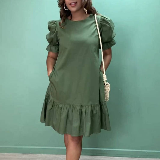 Solid Color Puff Sleeves with Pockets Midi Dress