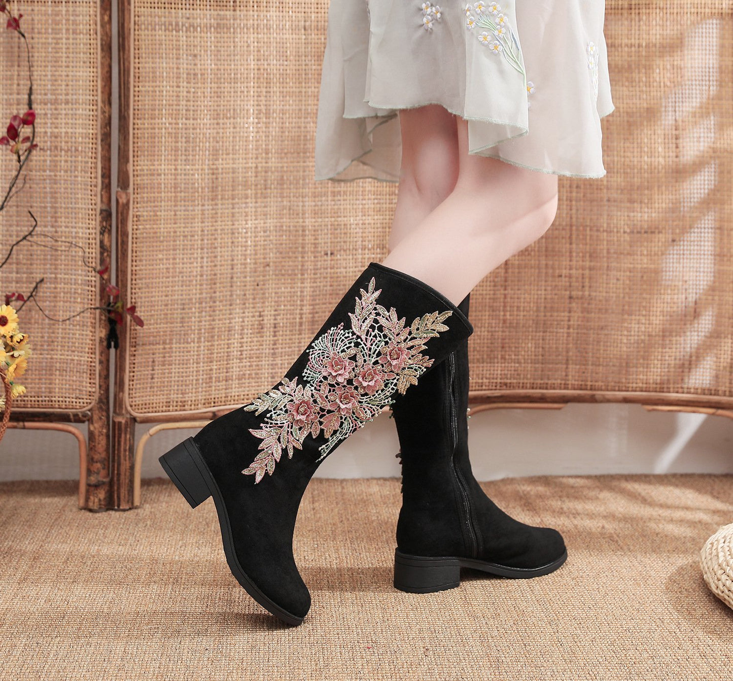 Elegant Floral Embroidered Suede Boots