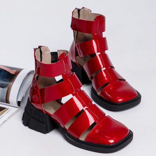 Eye-catching Red Patent Leather Zip-up Sandals
