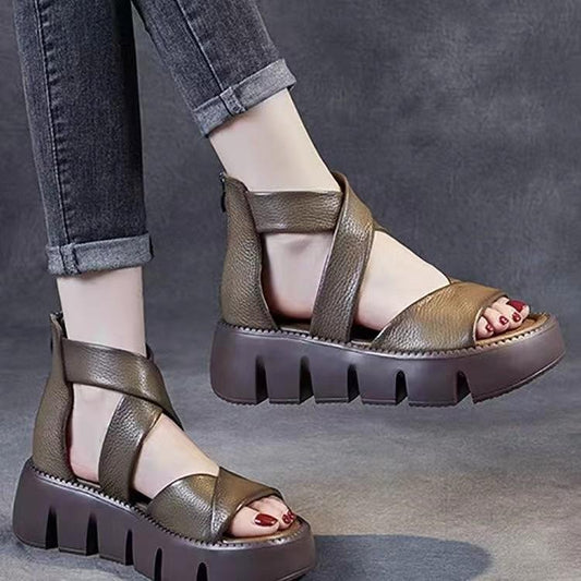 Fashionable Thick-soled Soft Leather Platform Sandals