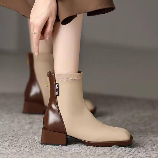 Chic Color-block Square-toe Stretch Boots