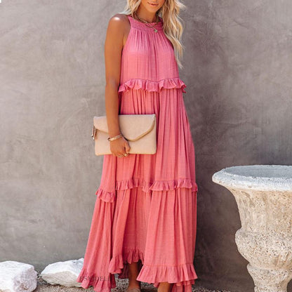 Vestido largo de resort sin mangas con bordes con flecos