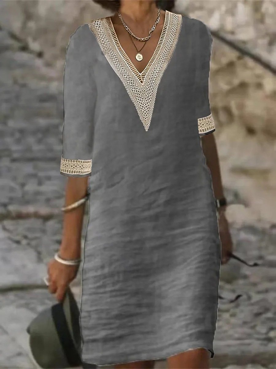 V-neck Mid-sleeve Cotton-linen Casual Dress