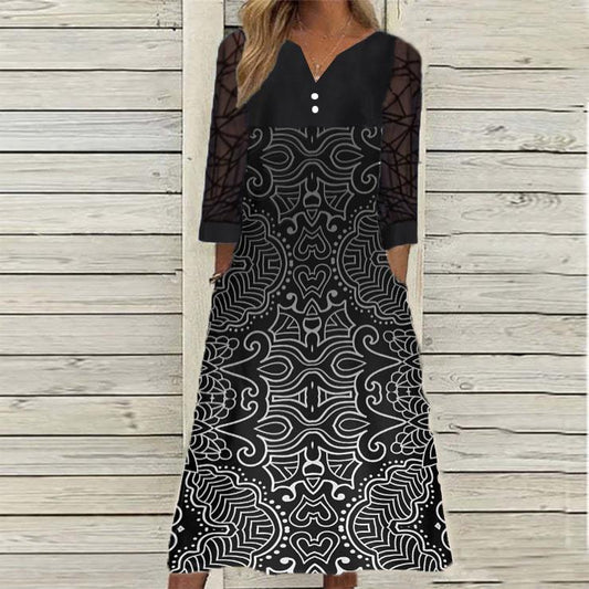 Black Printed Lace Midi Dress