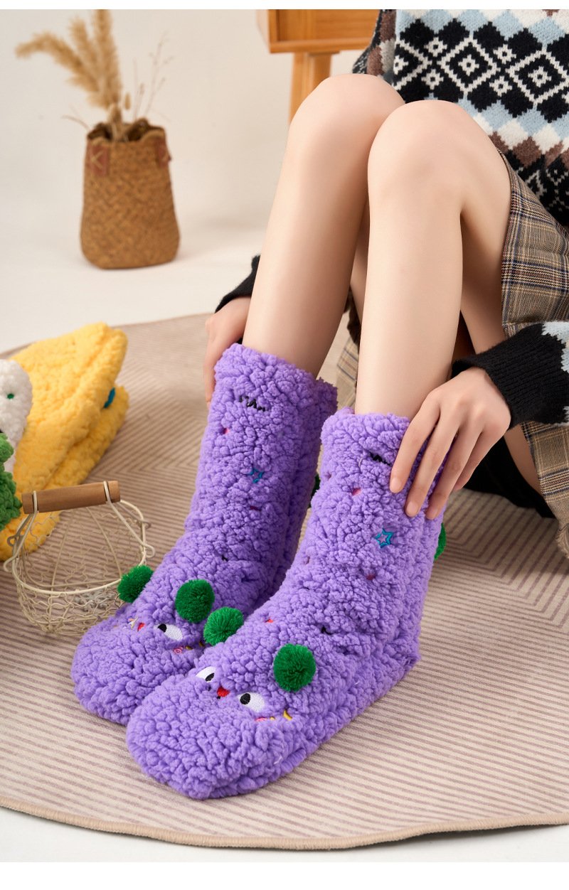 Cartoon Embroidered Sherpa Floor Socks