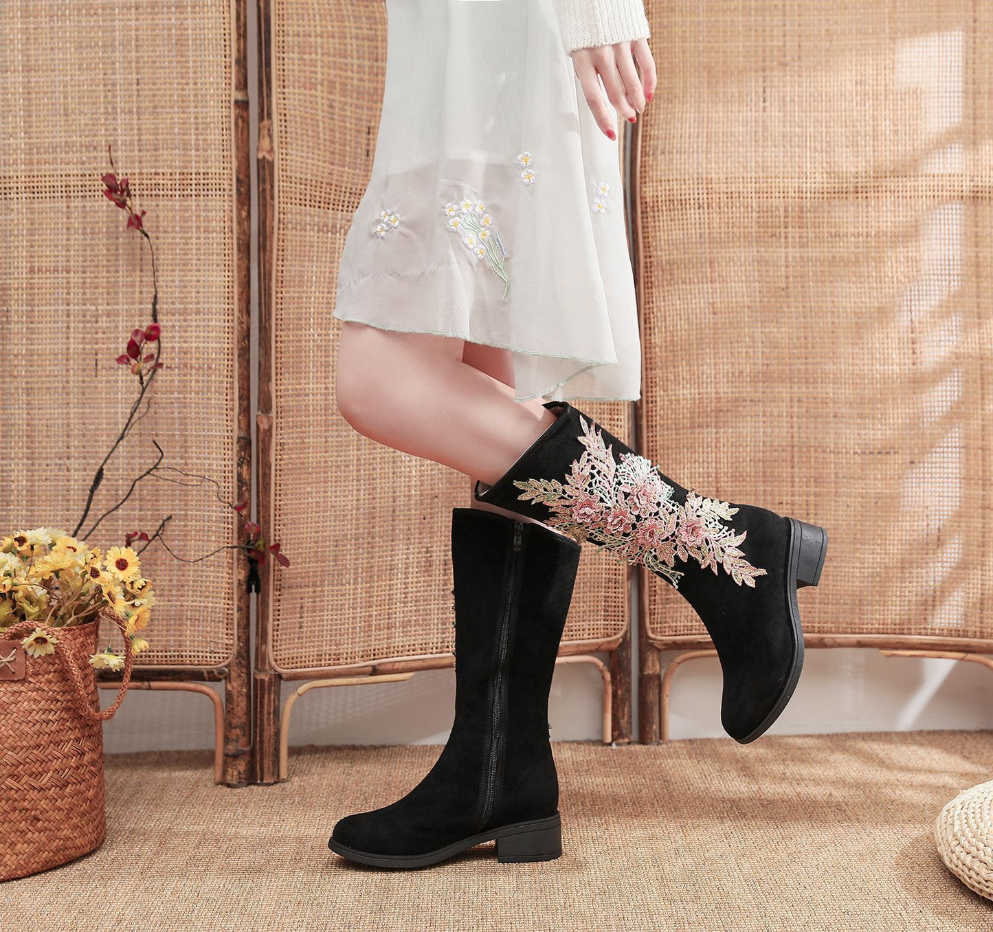 Elegant Floral Embroidered Suede Boots