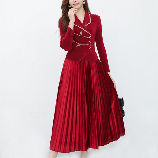 Elegant Suit Collar Velvet Pleated Midi Dress