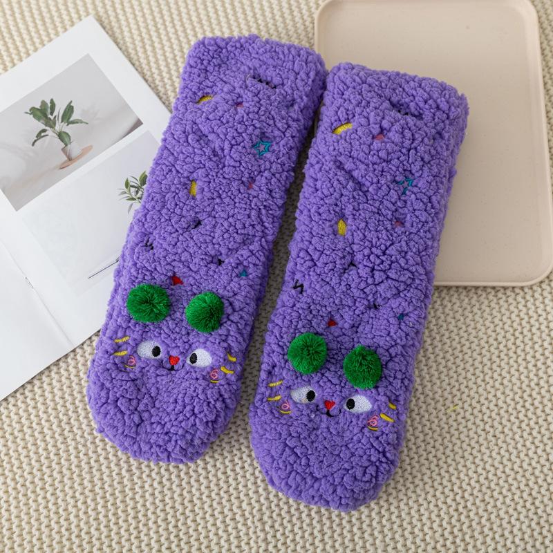 Cartoon Embroidered Sherpa Floor Socks